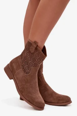 Botki Damskie Na Płaskim Obcasie Z Ażurowym Wzorem S.Barski HY52-530 Brązowe