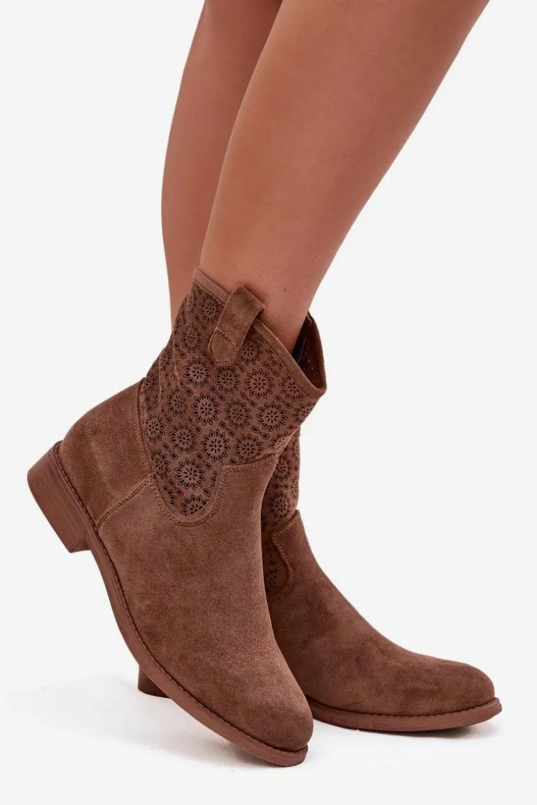 Botki Damskie Na Płaskim Obcasie Z Ażurowym Wzorem S.Barski HY52-530 Brązowe