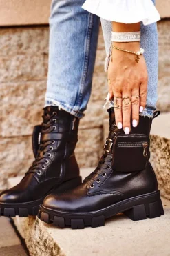 Botki Damskie Na Platformie Ocieplane Czarne Verdem