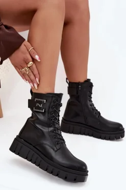 Botki Damskie Na Platformie Z Ozdobnym Detalem Ocieplane Czarne Lyrana