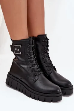 Botki Damskie Na Platformie Z Ozdobnym Detalem Ocieplane Czarne Lyrana