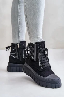 Botki Damskie Na Platformie Z Ozdobnym Sznurowaniem Czarne Edidda