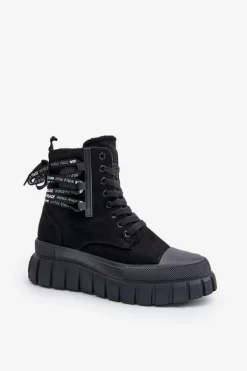 Botki Damskie Na Platformie Z Ozdobnym Sznurowaniem Czarne Edidda