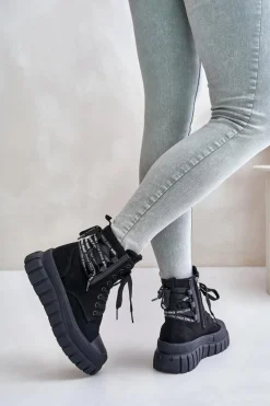 Botki Damskie Na Platformie Z Ozdobnym Sznurowaniem Czarne Edidda