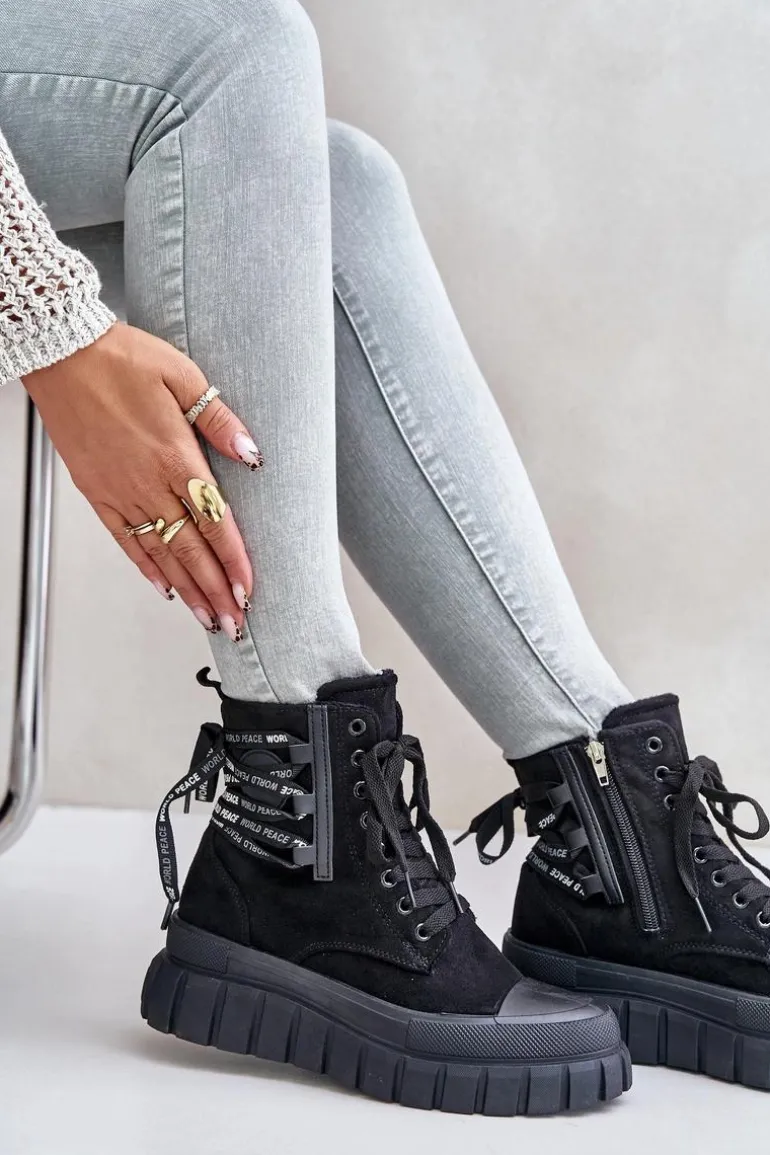 Botki Damskie Na Platformie Z Ozdobnym Sznurowaniem Czarne Edidda