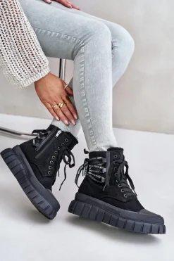 Botki Damskie Na Platformie Z Ozdobnym Sznurowaniem Czarne Edidda
