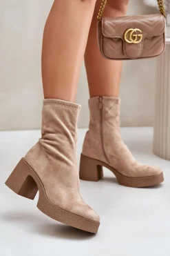 Botki Damskie Na Platformie I Masywnym Obcasie S.Barski HY42-739 Beżowe