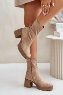 Botki Damskie Na Platformie I Masywnym Obcasie S.Barski HY42-739 Beżowe