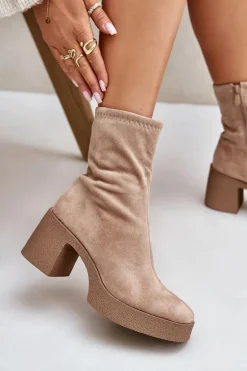 Botki Damskie Na Platformie I Masywnym Obcasie S.Barski HY42-739 Beżowe