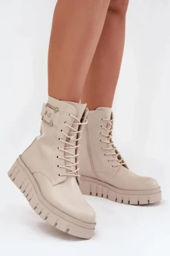 Botki Damskie Na Platformie Z Ozdobnym Detalem Ocieplane Jasnobeżowe Lyrana