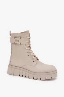 Botki Damskie Na Platformie Z Ozdobnym Detalem Ocieplane Jasnobeżowe Lyrana