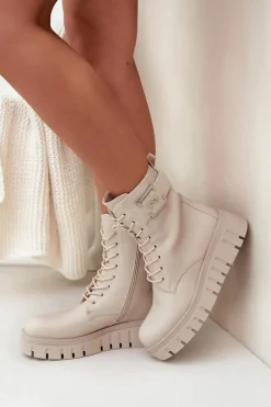 Botki Damskie Na Platformie Z Ozdobnym Detalem Ocieplane Jasnobeżowe Lyrana