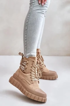 Botki Damskie Na Platformie Z Ozdobnym Sznurowaniem Brązowe Edidda