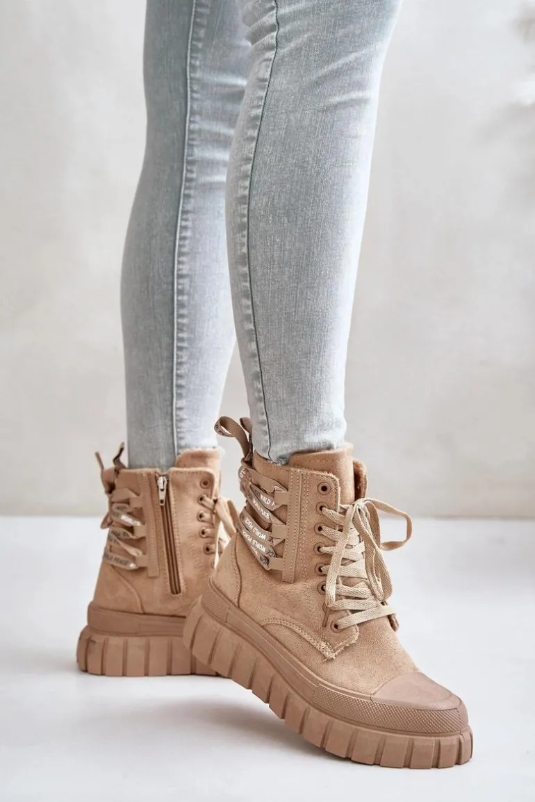 Botki Damskie Na Platformie Z Ozdobnym Sznurowaniem Brązowe Edidda