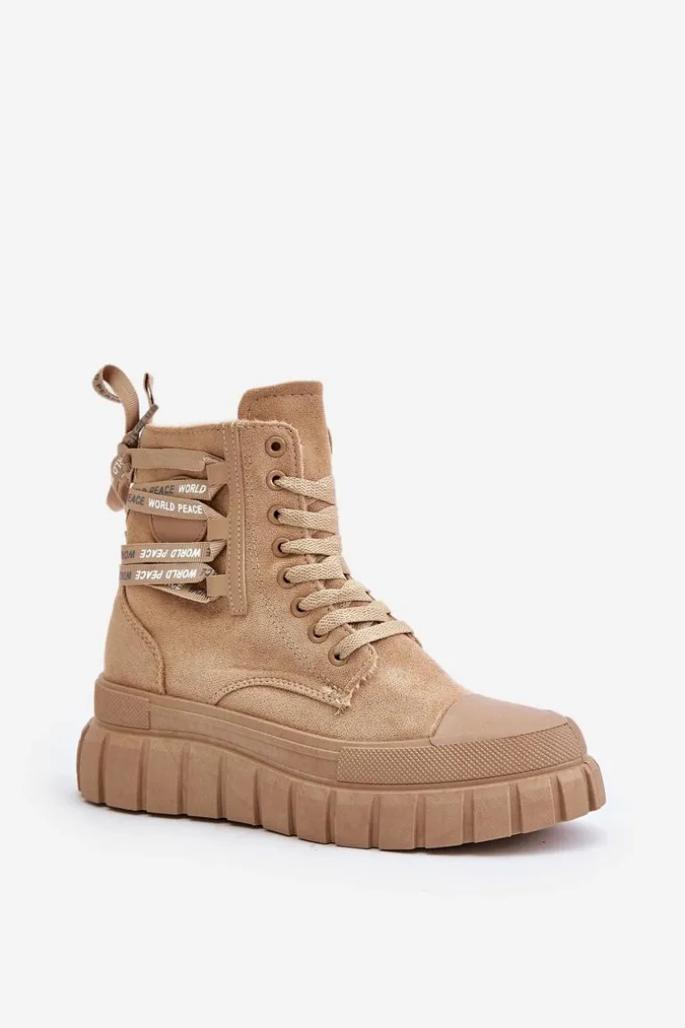 Botki Damskie Na Platformie Z Ozdobnym Sznurowaniem Brązowe Edidda