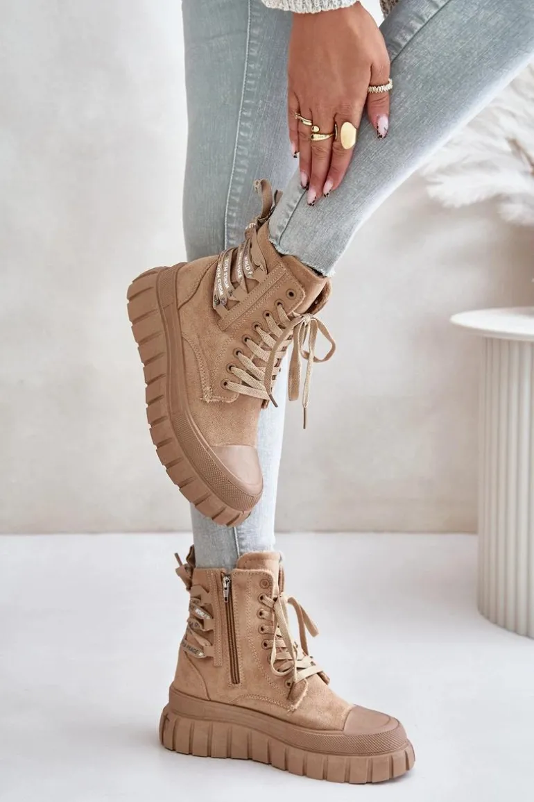 Botki Damskie Na Platformie Z Ozdobnym Sznurowaniem Brązowe Edidda