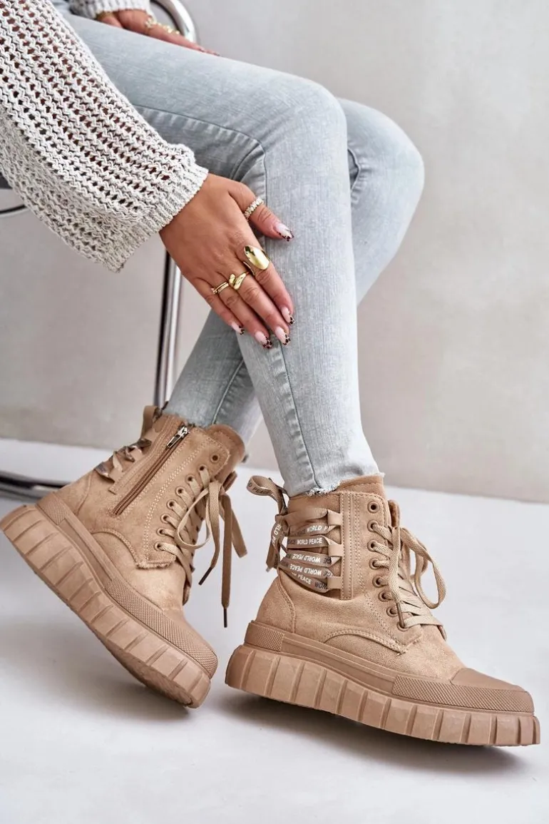 Botki Damskie Na Platformie Z Ozdobnym Sznurowaniem Brązowe Edidda