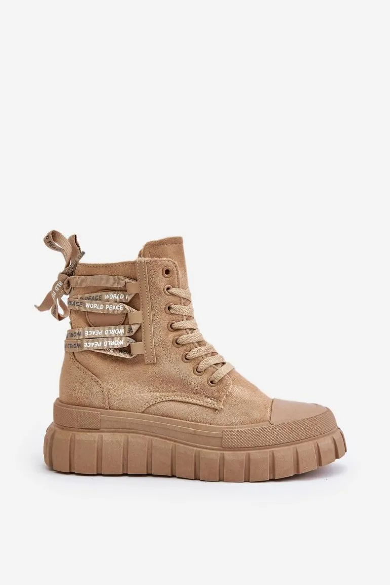 Botki Damskie Na Platformie Z Ozdobnym Sznurowaniem Brązowe Edidda