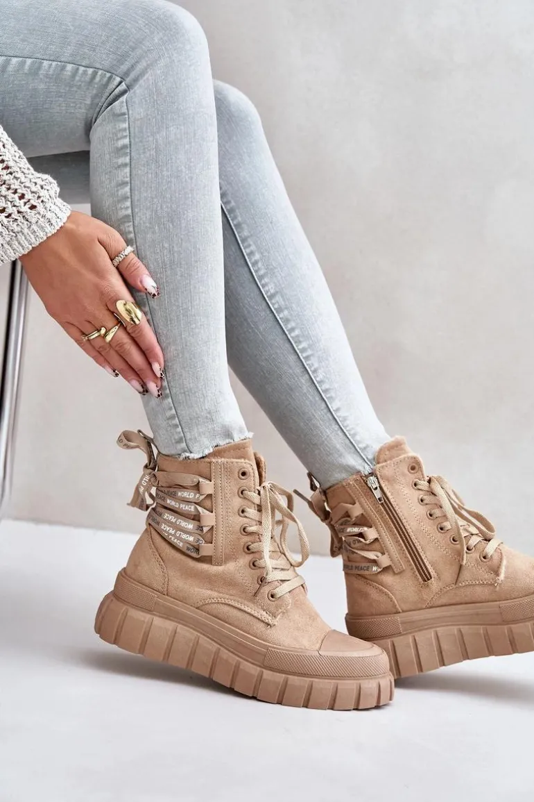Botki Damskie Na Platformie Z Ozdobnym Sznurowaniem Brązowe Edidda