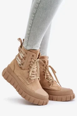 Botki Damskie Na Platformie Z Ozdobnym Sznurowaniem Brązowe Edidda