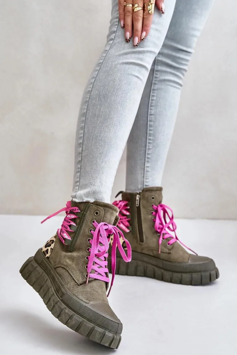 Botki Damskie Na Platformie Z Ozdobnym Sznurowaniem Panterka Zielone Edidda