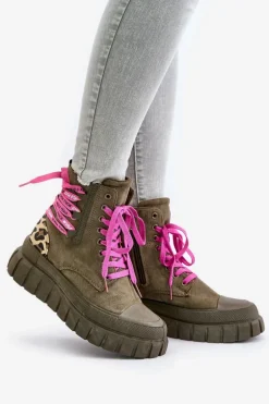 Botki Damskie Na Platformie Z Ozdobnym Sznurowaniem Panterka Zielone Edidda