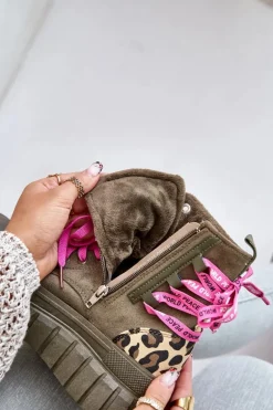 Botki Damskie Na Platformie Z Ozdobnym Sznurowaniem Panterka Zielone Edidda