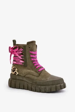 Botki Damskie Na Platformie Z Ozdobnym Sznurowaniem Panterka Zielone Edidda