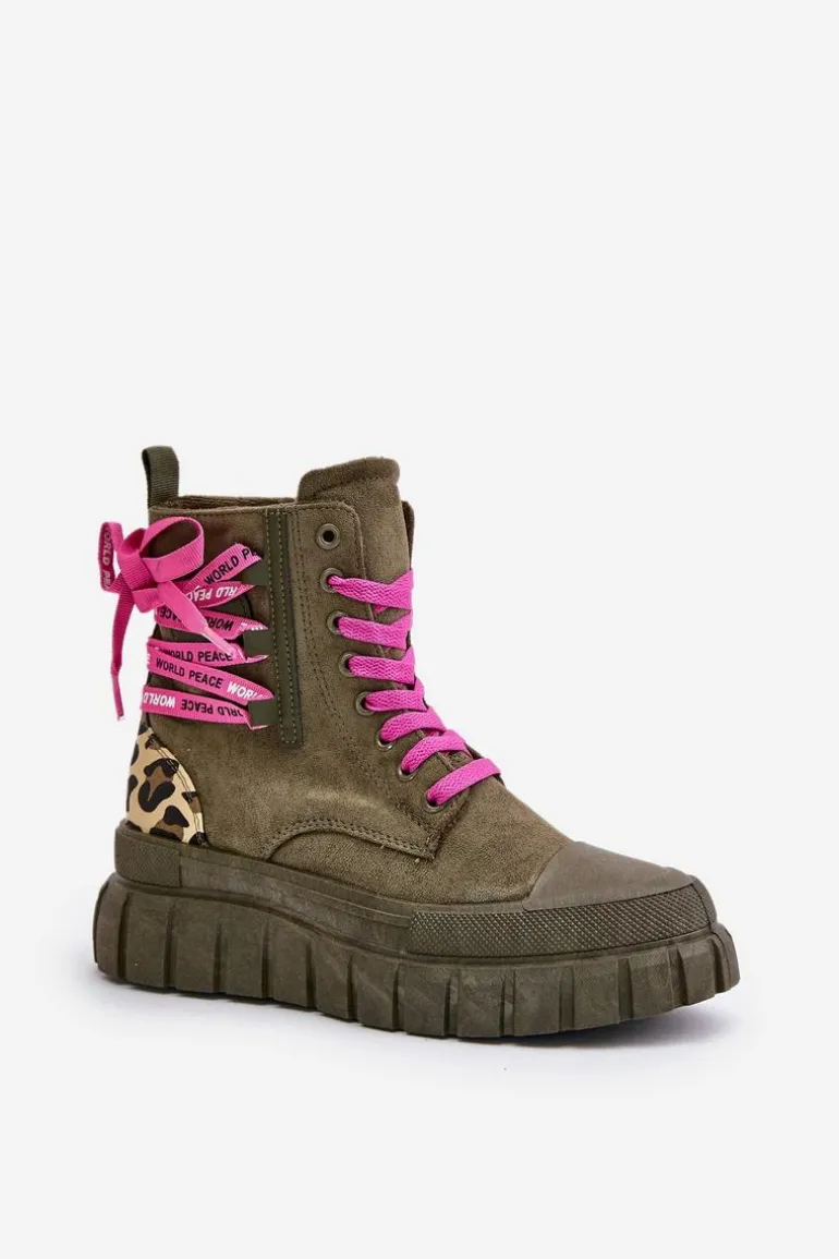 Botki Damskie Na Platformie Z Ozdobnym Sznurowaniem Panterka Zielone Edidda