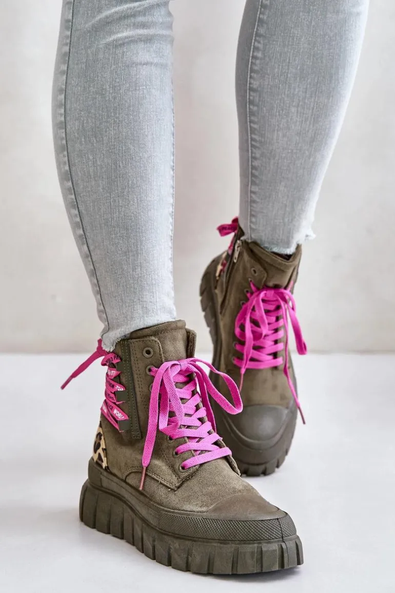 Botki Damskie Na Platformie Z Ozdobnym Sznurowaniem Panterka Zielone Edidda