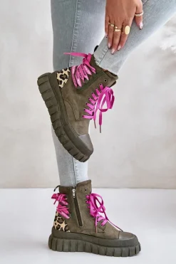 Botki Damskie Na Platformie Z Ozdobnym Sznurowaniem Panterka Zielone Edidda