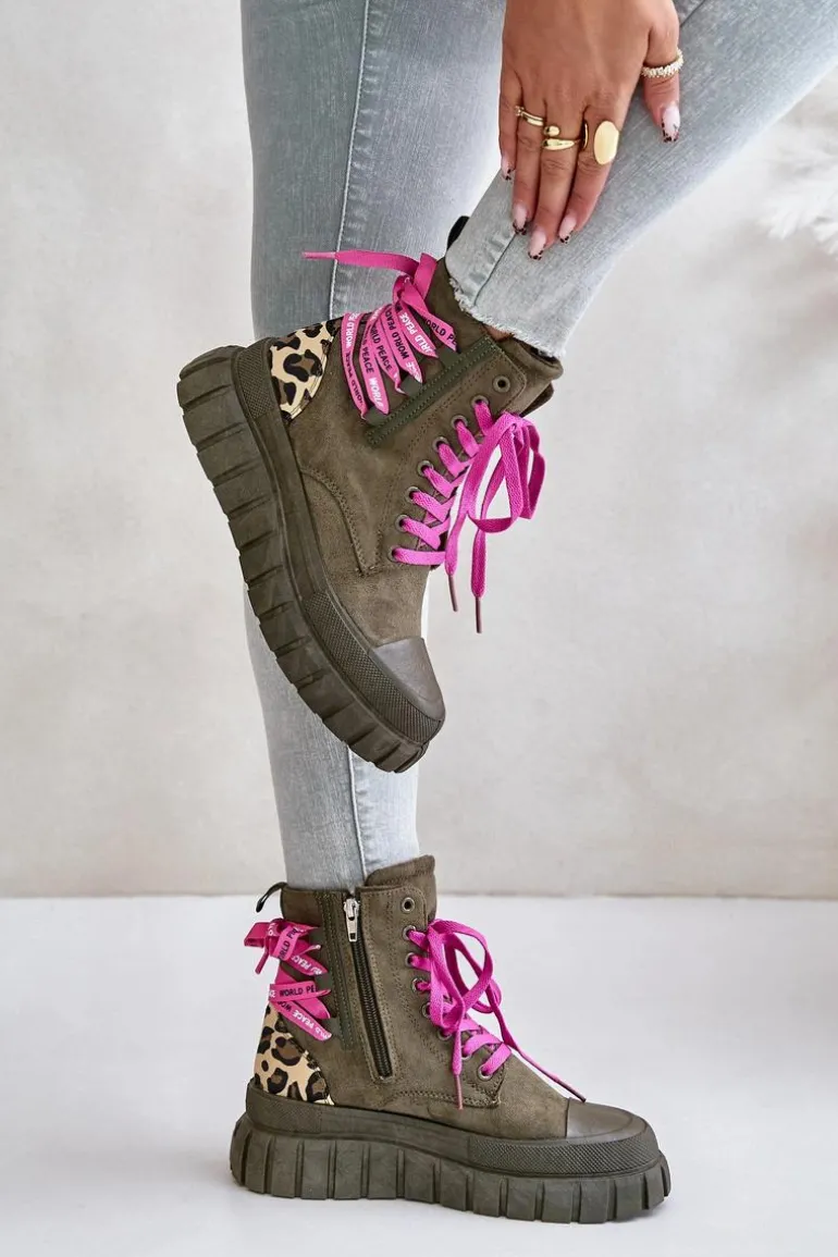 Botki Damskie Na Platformie Z Ozdobnym Sznurowaniem Panterka Zielone Edidda