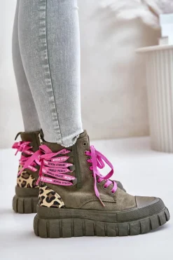 Botki Damskie Na Platformie Z Ozdobnym Sznurowaniem Panterka Zielone Edidda