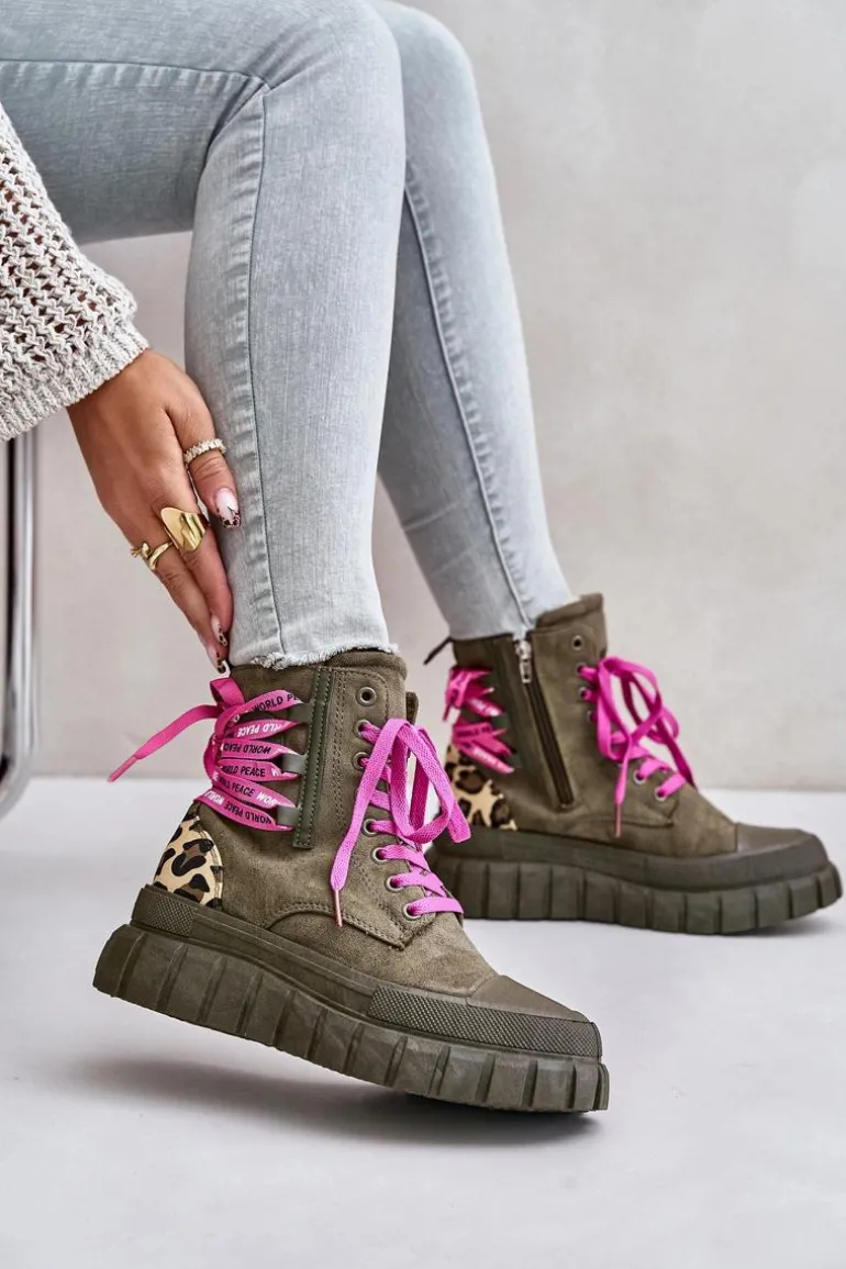 Botki Damskie Na Platformie Z Ozdobnym Sznurowaniem Panterka Zielone Edidda