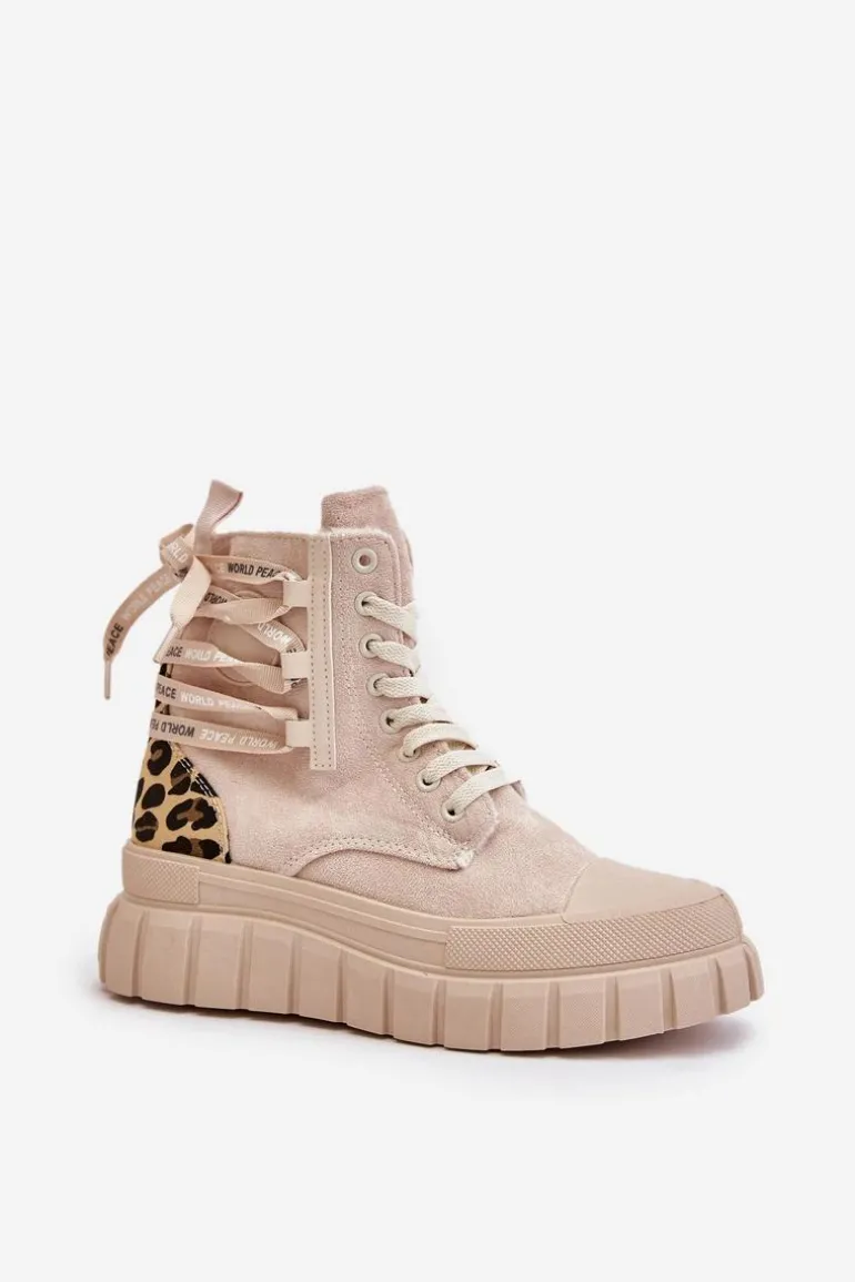 Botki Damskie Na Platformie Z Ozdobnym Sznurowaniem Panterka Jasnobeżowe Edidda