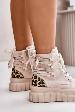 Botki Damskie Na Platformie Z Ozdobnym Sznurowaniem Panterka Jasnobeżowe Edidda
