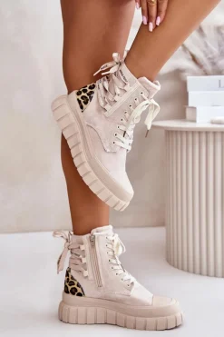 Botki Damskie Na Platformie Z Ozdobnym Sznurowaniem Panterka Jasnobeżowe Edidda