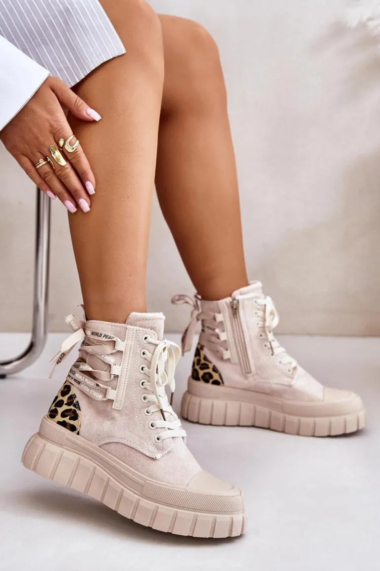Botki Damskie Na Platformie Z Ozdobnym Sznurowaniem Panterka Jasnobeżowe Edidda