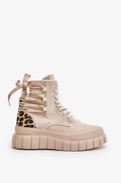 Botki Damskie Na Platformie Z Ozdobnym Sznurowaniem Panterka Jasnobeżowe Edidda