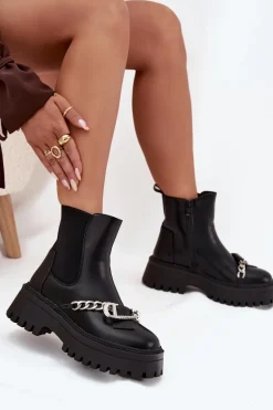 Botki Damskie Na Platformie Z Łańcuchem Czarne Marvella