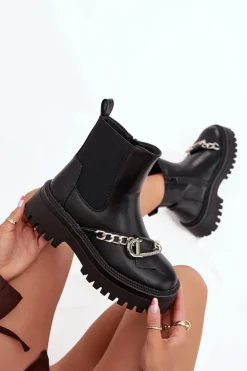 Botki Damskie Na Platformie Z Łańcuchem Czarne Marvella