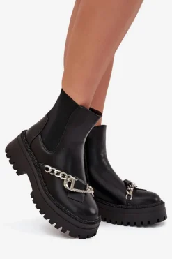 Botki Damskie Na Platformie Z Łańcuchem Czarne Marvella