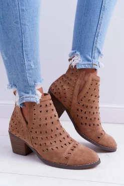 Botki Damskie Na Słupku Ażurowe z Wycięciami Brązowe Mediolan