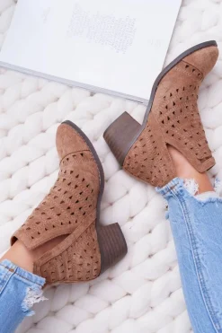 Botki Damskie Na Słupku Ażurowe z Wycięciami Brązowe Mediolan