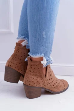 Botki Damskie Na Słupku Ażurowe z Wycięciami Brązowe Mediolan