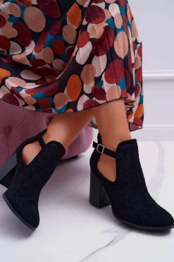 Botki Damskie Na Słupku Ażurowe Z Wycięciami Czarne GoodDay