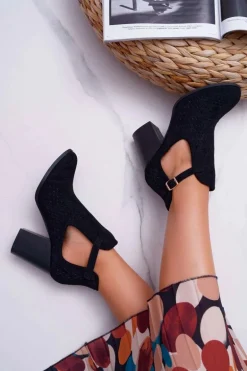 Botki Damskie Na Słupku Ażurowe Z Wycięciami Czarne GoodDay