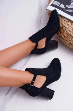 Botki Damskie Na Słupku Ażurowe Z Wycięciami Czarne GoodDay