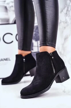 Botki Damskie Na Słupku Ciepłe Czarne Blanche