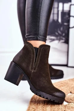 Botki Damskie Na Słupku Ciepłe Khaki Veronica